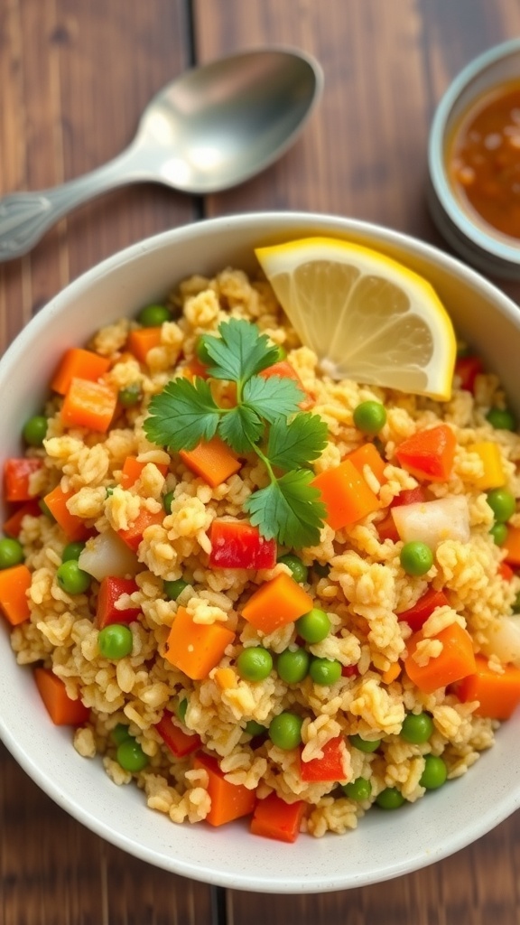 Savory Oat Upma Recipe A bowl of savory oat upma with vegetables, garnished with coriander and served with lemon on a wooden table.